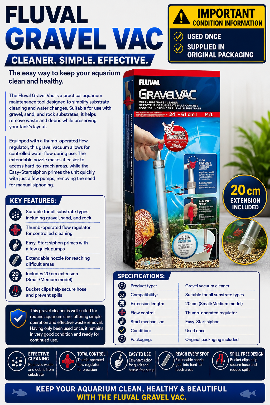 Fluval Gravel Vac Small/Medium - Easy-Start Siphon & Flow Control