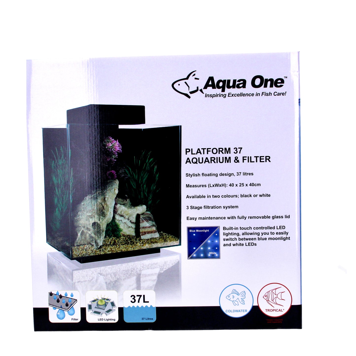 AquaOne Aquarium Platform 37 White With Filter and Led Light 