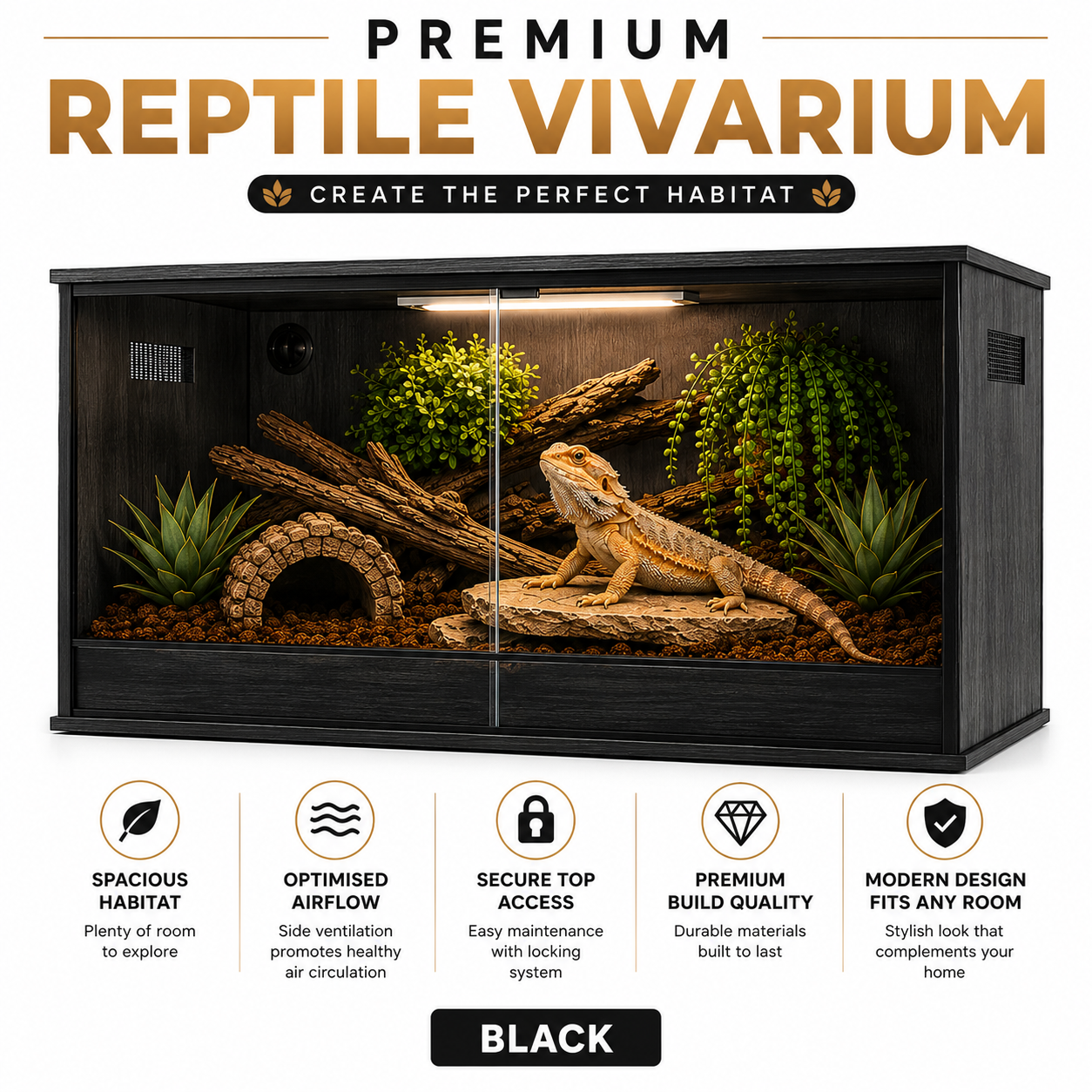 ProRep Vivarium 4×2×2ft Spacious Reptile Enclosure with Sliding Doors & Side Vents | Oak, Grey or Black