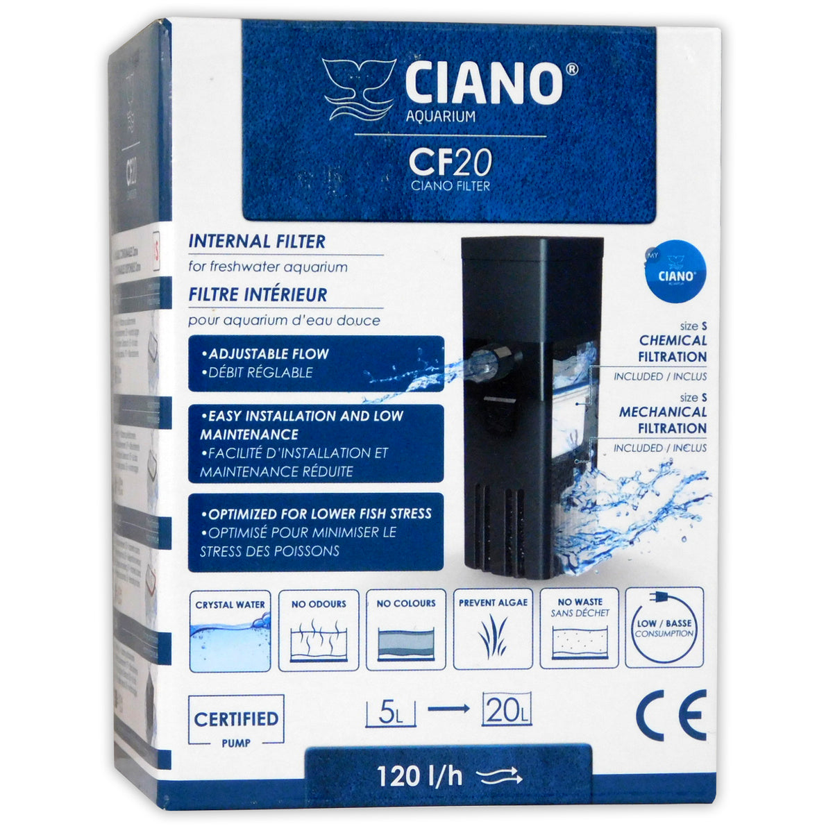 Ciano CF20 Internal Aquarium Filter 120L/h Adjustable Flow Betta 5-20L
