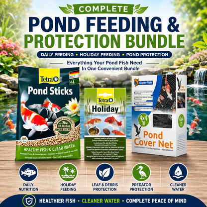 Complete Pond Fish Feeding & Protection Bundle – Tetra Food, Holiday Block & Cover Net