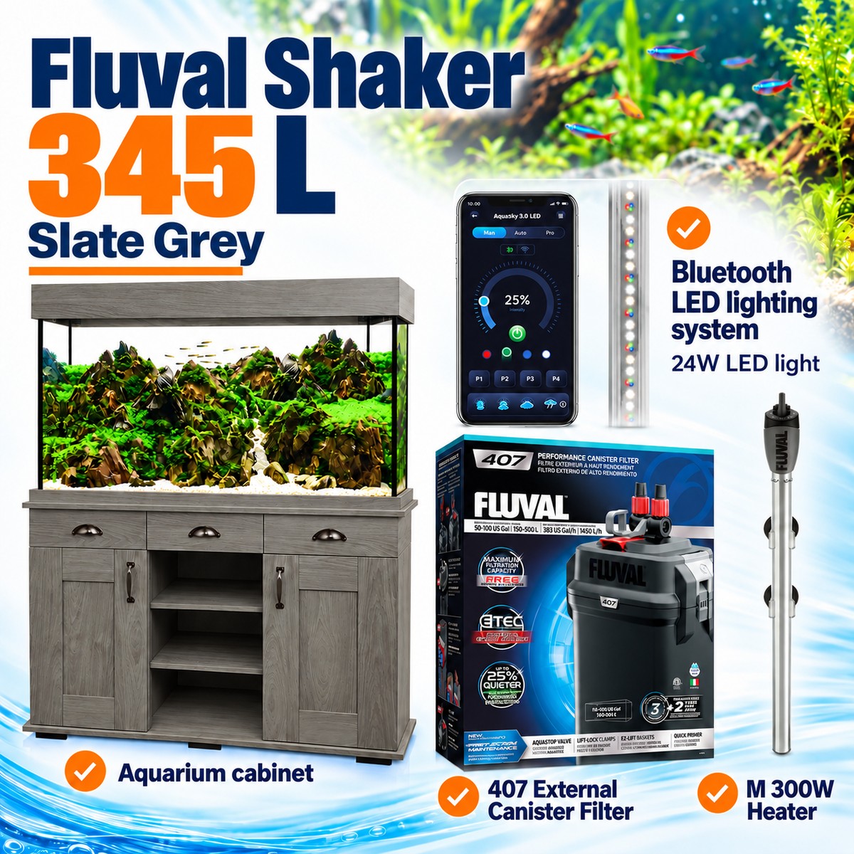 Fluval Shaker 345L Aquarium & Cabinet - Slate Grey