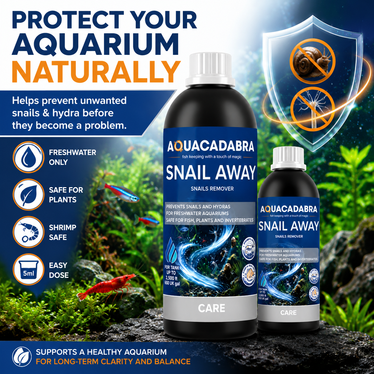 Aquacadabra Snail & Hydra Control Freshwater Aquarium Treatment 250ml 500ml