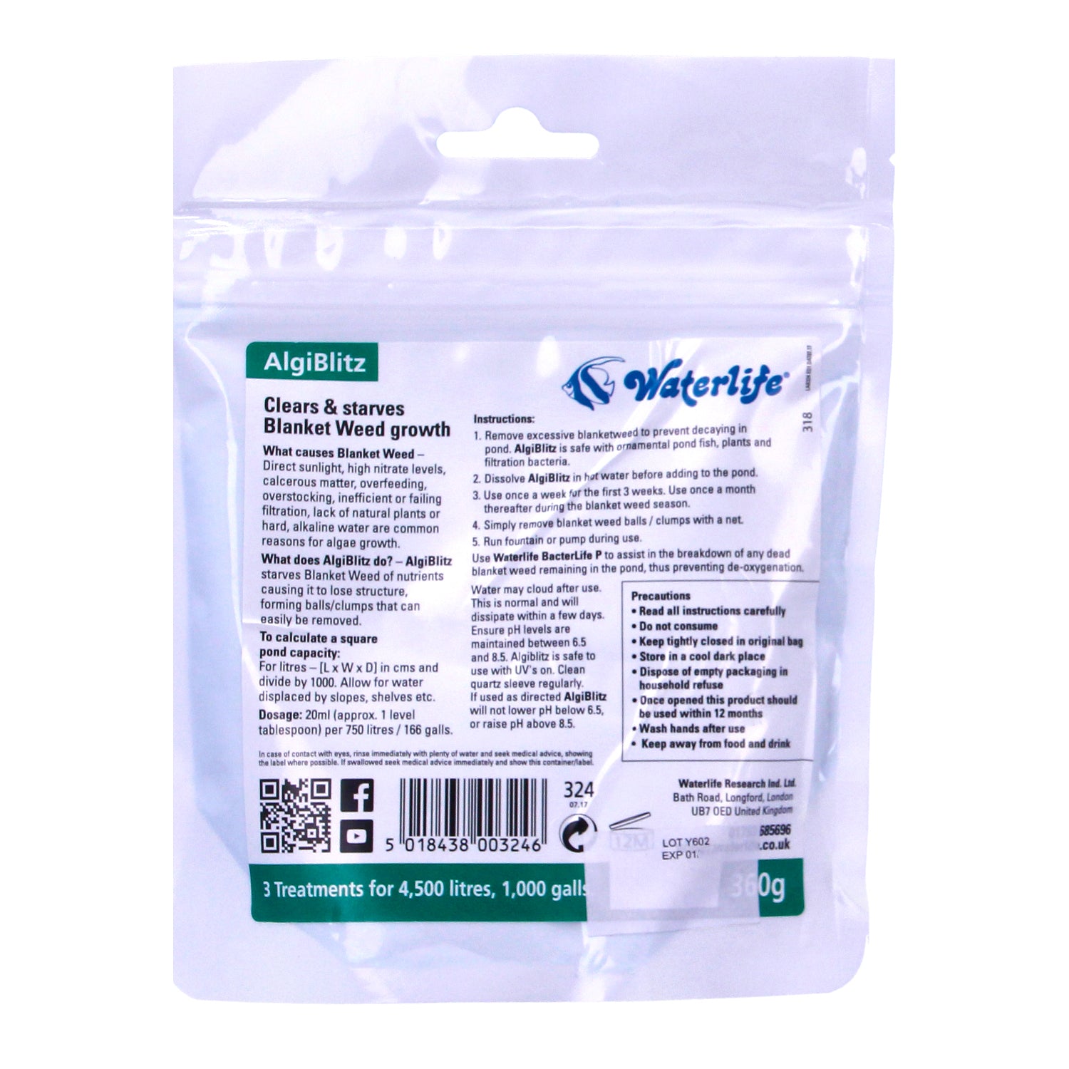 Waterlife AlgiBlitz 360g Blanketweed Pond Water Green Algae Removal