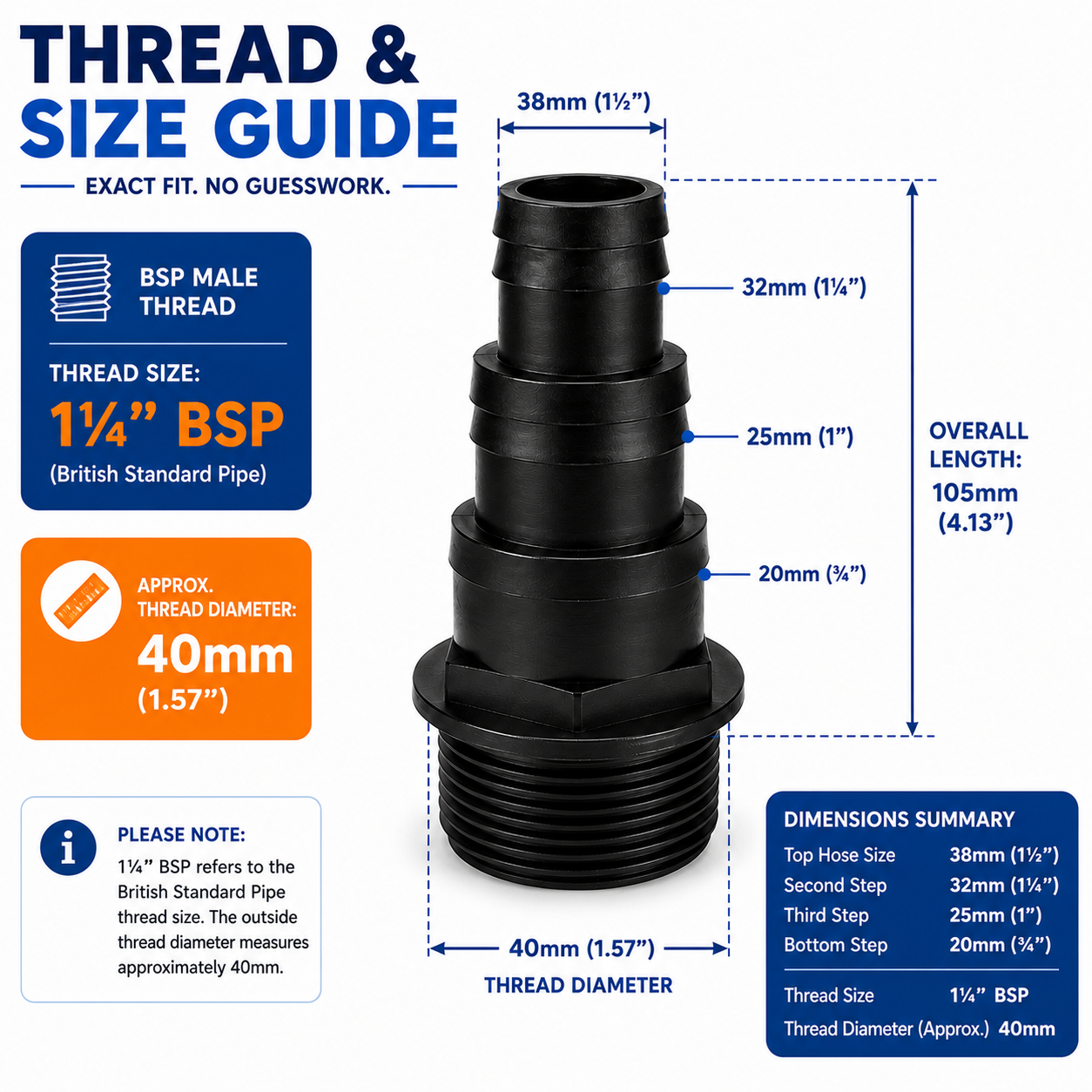 1.25" BSP Threaded Hosetail - Trim to Fit Multiple Sizes