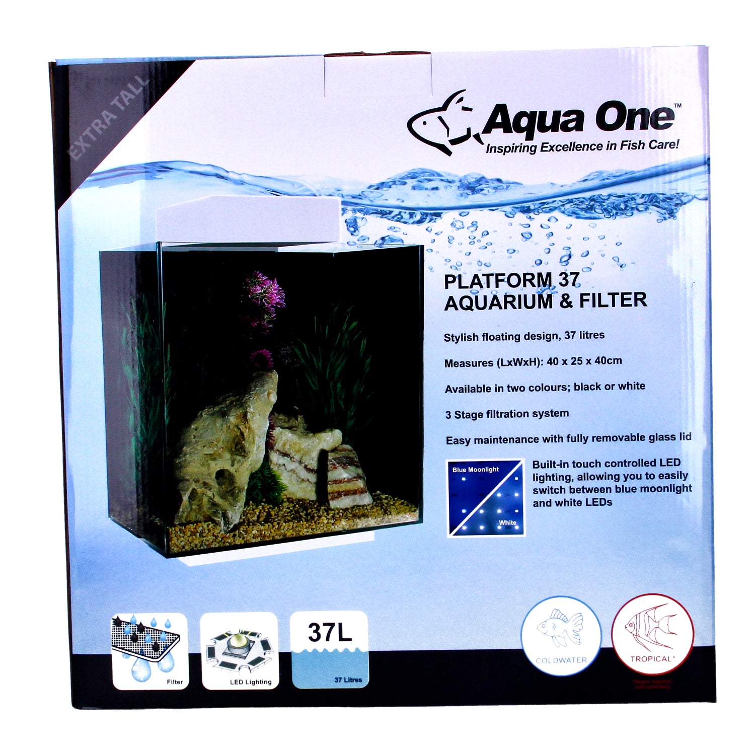 AquaOne Aquarium Platform 37 White With Filter and Led Light 