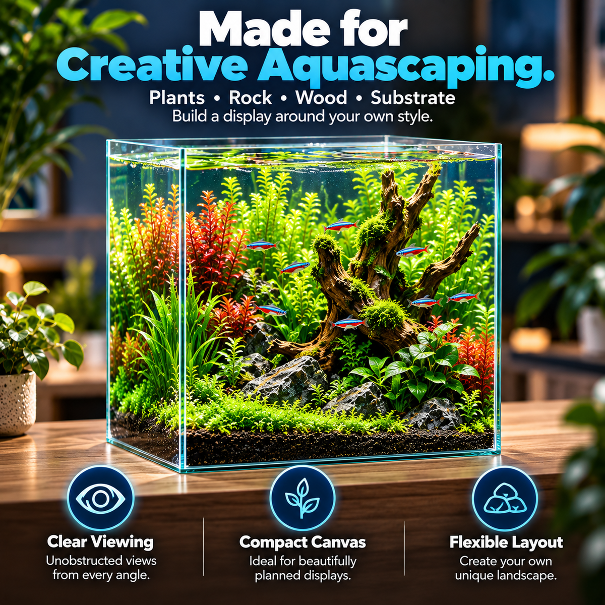 Aqua One Cube 30 Square Glass Aquarium Tank 25L Frameless with Glass Lid