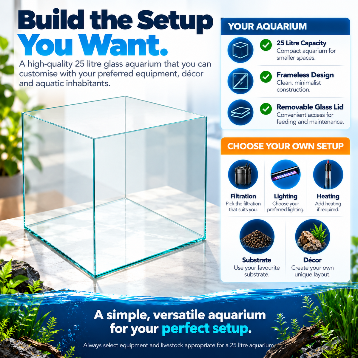 Aqua One Cube 30 Square Glass Aquarium Tank 25L Frameless with Glass Lid