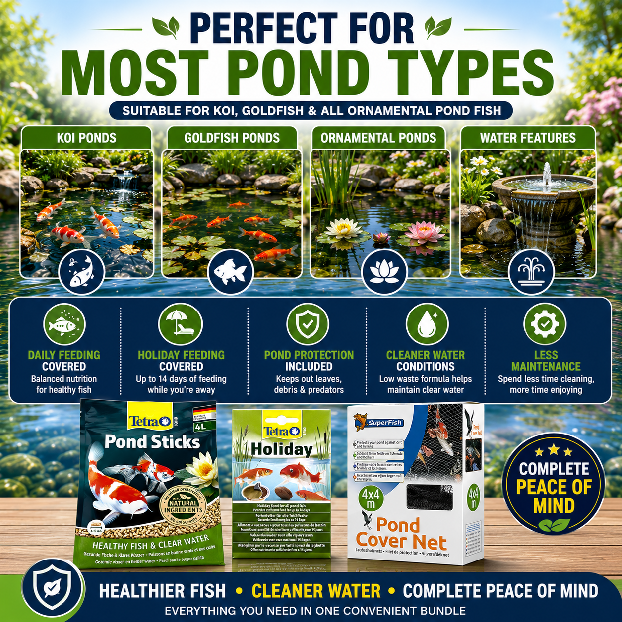 Complete Pond Fish Feeding & Protection Bundle – Tetra Food, Holiday Block & Cover Net