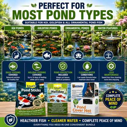 Complete Pond Fish Feeding & Protection Bundle – Tetra Food, Holiday Block & Cover Net